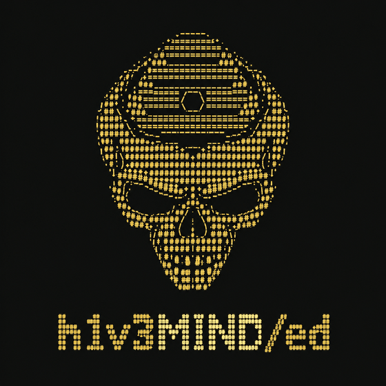 The h1v3MIND/ed logo: an amber ASCII-art skull with a beehive for a brain, above the h1v3MIND/ed wordmark.